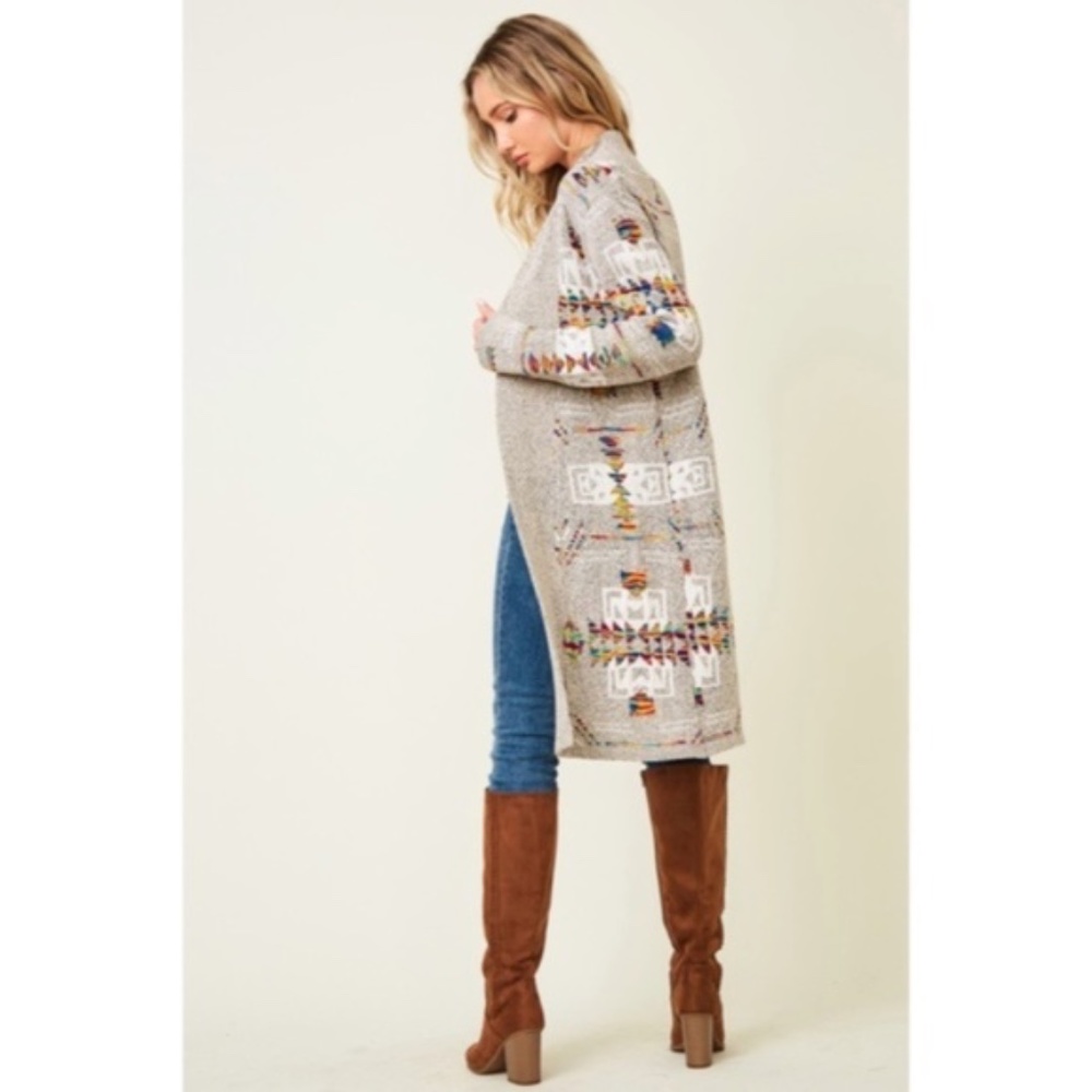 SOLD OUT Oatmeal Rainbow Multi Colored Aztec Tribal Jacquard Open Knit Cardigan - Picture 3 of 10